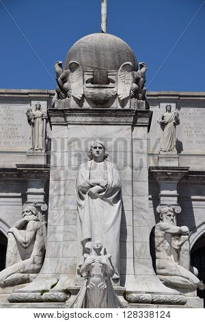 WASHINGTON, DC - APR 16: Columbus Statue at Union Station in Washington DC, as seen on April 16, 2016. Opened in 1907, it is Amtrak's headquarters.