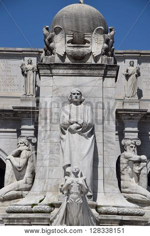 WASHINGTON, DC - APR 16: Columbus Statue at Union Station in Washington DC, as seen on April 16, 2016. Opened in 1907, it is Amtrak's headquarters.