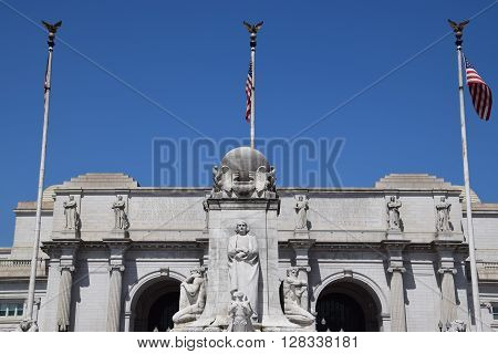 WASHINGTON, DC - APR 16: Columbus Statue at Union Station in Washington DC, as seen on April 16, 2016. Opened in 1907, it is Amtrak's headquarters.