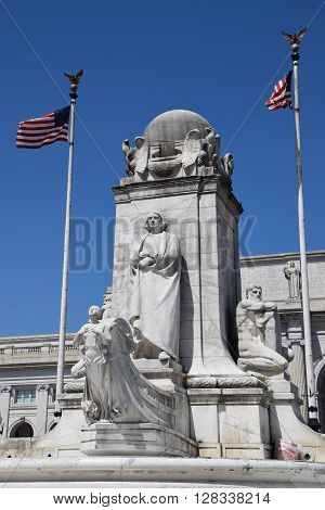 WASHINGTON, DC - APR 16: Columbus Statue at Union Station in Washington DC, as seen on April 16, 2016. Opened in 1907, it is Amtrak's headquarters.