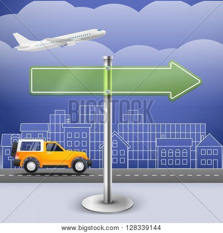 Blank glass arrow board. City trafic illustration. Template for a text. Direction to the right