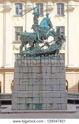 Stockholm, Sweden - March, 16, 2016: Statue of Sankt Goran, fighting with the Dragon in Stockholm, Sweden.