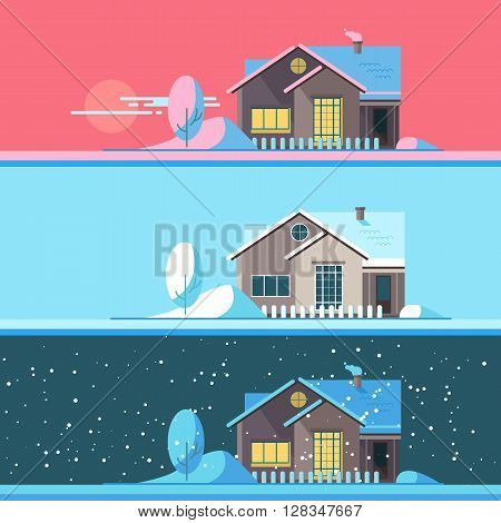 Winter home in the afternoon night and night. Family suburban home. Vector flat illustration.