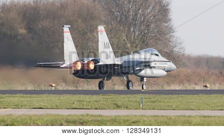Leeuwarden, Netherlands - April 11, 2016: Us Air Force F-15 Eagle Takking Off During The Exercise Fr