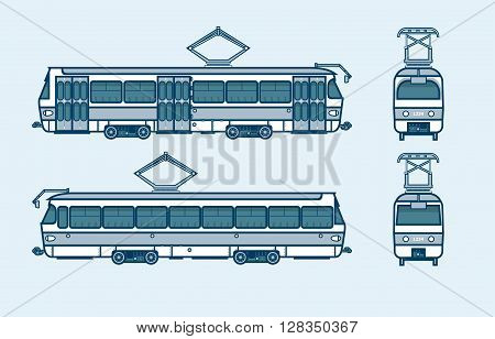 Set stock vector illustration isolated dark blue tram front, side, back view line style blue background Element for site, info graphic, video, animation, website, e-mail, newsletter, reports, comic, icon