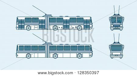 Set stock vector illustration isolated trolleybus front, side, back view line style blue background Element for site, info graphic, video, animation, website, e-mail, newsletter, reports, comic, icon