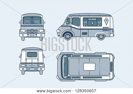Set stock vector illustration isolated Ice cream car, Ice cream on wheels top, front, side, back view line style blue background Element info graphic, website, icon