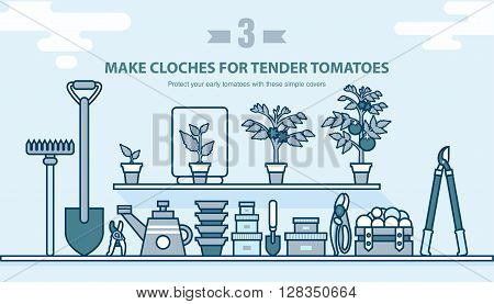Stock vector illustration set garden tools, seedling tomatoes on the shelf in line style element for info graphic, website, icon, games, motion design, video