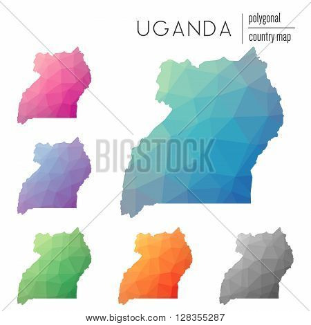 Set Of Vector Polygonal Uganda Maps. Bright Gradient Map Of Country In Low Poly Style. Multicolored