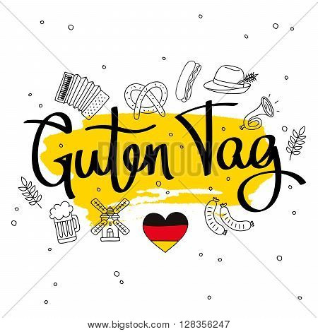 Guten Tag. Word hello in German. Fashionable calligraphy. Vector illustration on white background with a smear of yellow ink.