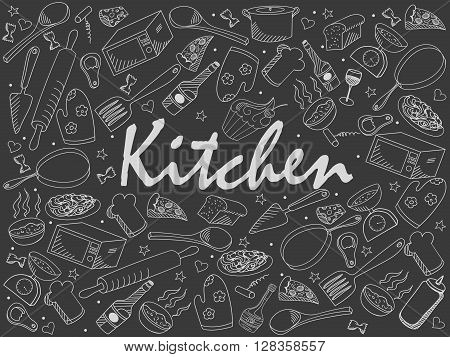 Kitchen chalk line art design vector illustration. Separate objects. Hand drawn doodle design elements.