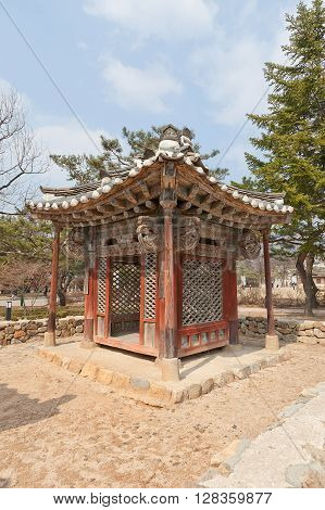 SEOUL SOUTH KOREA - MARCH 14 2016: Hyojagak pavilion (circa 19th c.) in National Folk Museum in Seoul Korea. Erected to protect special commemorative stone of Heo Gweon (1847-1895)