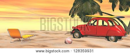 Deuch french car holidays at the beach, relaxing and surfing - 3D render