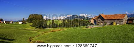 Appenzell landscape and farmhouse by beautiful day, Switzerland