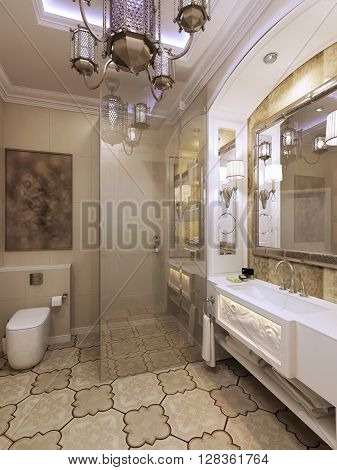 Elegant bathroom in moroccan style. 3d render