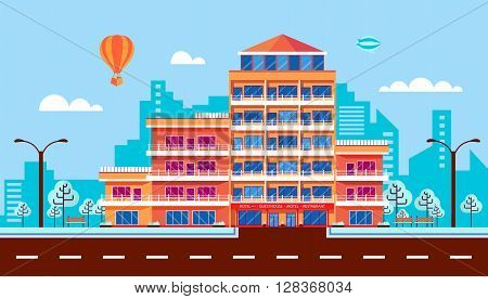 Stock vector illustration city street with hotel, apartments, apartment building, guesthouse, modern architecture in flat style element for infographic, website, icon, games, motion design, video
