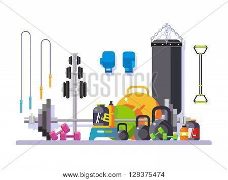 Gym flat style. Kettlebell and punching, bag, fingerboard and bodybuilding, vector illustration