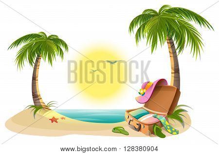 Beach holidays on summer vacations. Tropical sun, sea, palm trees, sand and open suitcase. Cartoon vector illustration