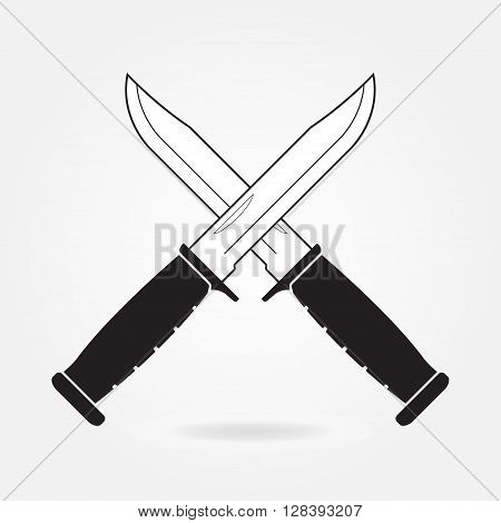 Knifes icon. Two crossed metallic military or army knives isolated on gray background. Vector illustration.
