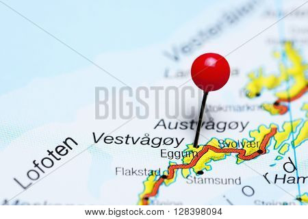 Eggum pinned on a map of Lofoten Islands, Norway