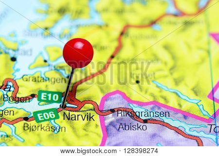 Narvik pinned on a map of Norway