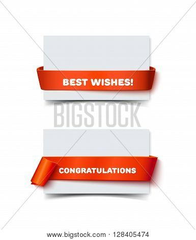 Paper greeting cards with curved red gift ribbon bow isolated on white. Realistic vector illustration of white paper note card with ribbon with space for text for banner and decoration