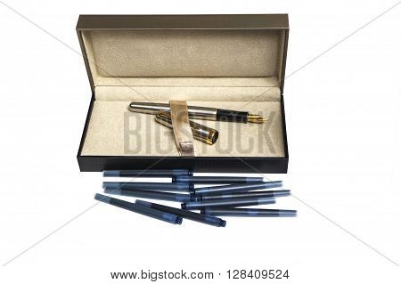 Isolated fountain pen and ink cartridges in the case of blue-black on a white background.