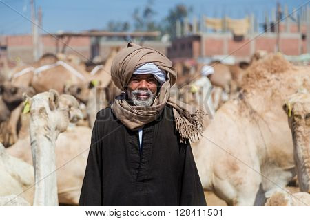 DARAW, EGYPT - FEBRUARY 6, 2016: Portrait of local camel salesman on Camel market.