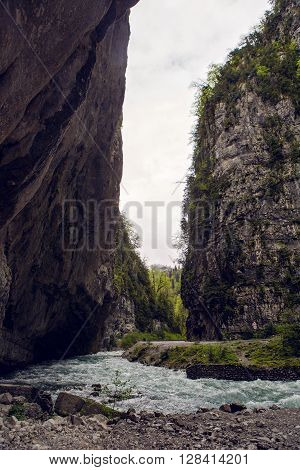 rapid mountain river in Abkhazia in the spring morning, the current from left to right, in the middle lies a log on the shore of the Bush and rock