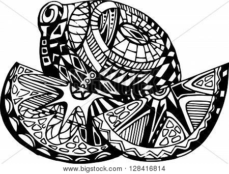 Vintage decorative ornamental lemon. Vector abstract illustration logo icon fruit design element with ornamental patterns in black-white