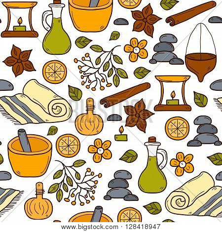 Cartoon hand drawn illustration with ayurveda objects. Healthcare ayurveda treatment background. Cartoon objects on ayurveda medicine theme. Alternative medicine. Spa center aromatherapy relaxation