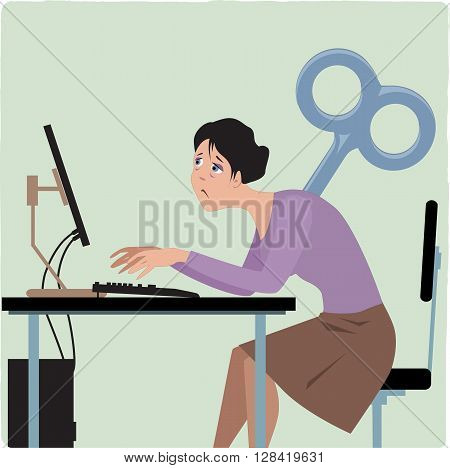 Wind-up woman working on the computer EPS 8 vector illustration