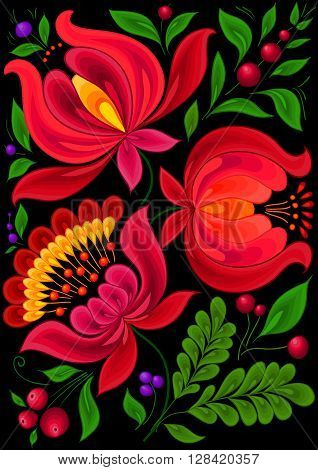 beautiful red flowers with green leaves and blue berries. style of Ukrainian Petrikivka painting. background greeting cards and invitations of the wedding, birthday, Valentine's Day, mother's day