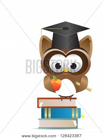 owl character standing above the books, holding apple wearing graduation cap