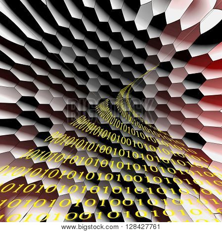 Abstract dark gradients cooloring background with visual mosaic,illusion and lens distortion effects, binary numbers one and zero