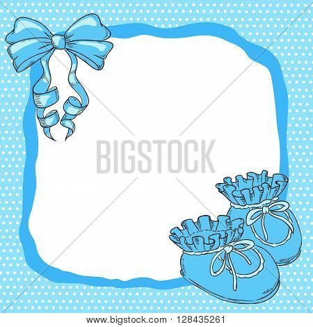 Children postcard with a bow and booties. For boy