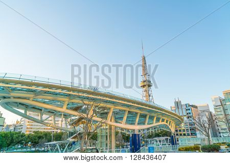 NAGOYA, JAPAN - FEB 07: Oasis 21 in Nagoya, Japan on FEB 07, 2016. A shopping complex nearby Nagoya Tower, its large oval glass roof structure floats above ground level