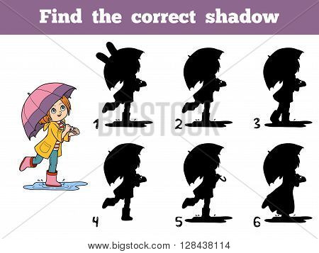 Find The Correct Shadow. Girl Running With An Umbrella In The Rain
