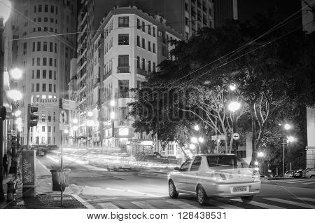 Sao Paulo, Brazil - January 25: Streets At Night Downtown Sao Paulo, Brazil, On January 25, 2016, In