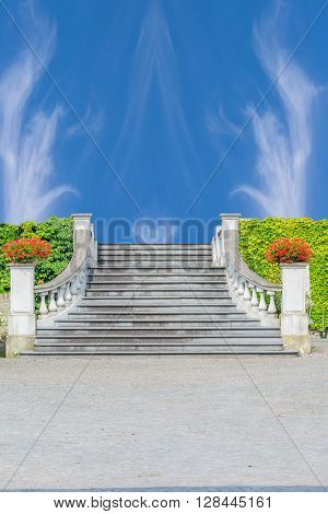 Stairway to Heaven. Old stone staircase in the background a blue sky.