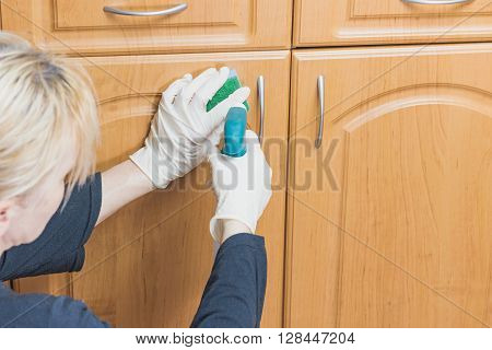 Woman is cleaning the furniture with a sponge and detergent which she is hilding in her hands. All potential trademarks are removed.