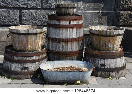 Old Wooden Buckets Or Barrel For Exterior