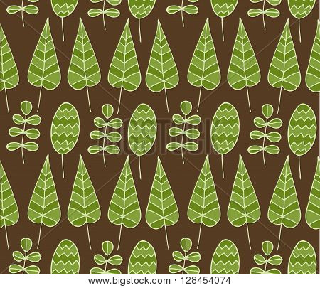 Seamlee Vector Pattern with Green Leaves on a Brown Background