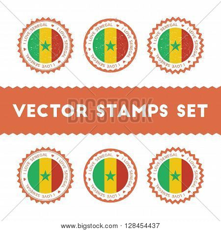 I Love Senegal Vector Stamps Set. Retro Patriotic Country Flag Badges. National Flags Vintage Round