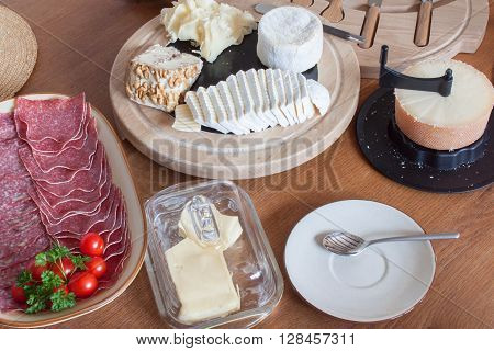 Homework healthy breakfast. Diet food. Breakfast for children. Well-laid wooden table.