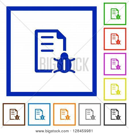 Set of color square framed Bug report flat icons on white background