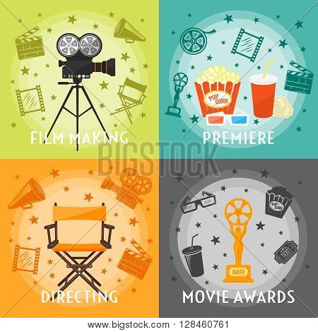 From film making to awards concept with premiere directing movie equipment drinks snacks stars isolated vector illustration