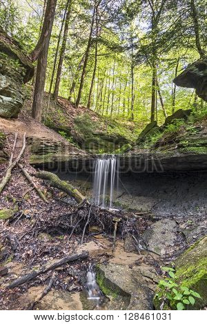 Maidenhair Falls a small waterfall in the Pearl Ravine of Indiana's Shades State Park plunges over a rock ledge with a recess cave behind.