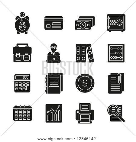 Accauntant black sillhouette icon set with aquipment and symbols of bookkeeping vector illustration