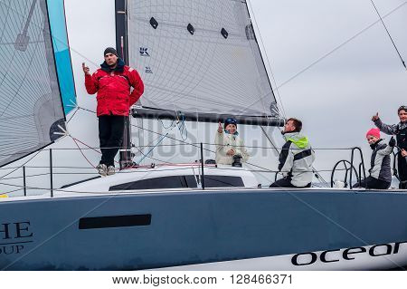 KYIV, UKRAINE - APRIL 26, 2016: Traning on the new model of yacht OceanTECH L30 on the Kyiv water reservoir or Kyiv SEA with Rodion Luka, L30 idea author, Silver medalist.